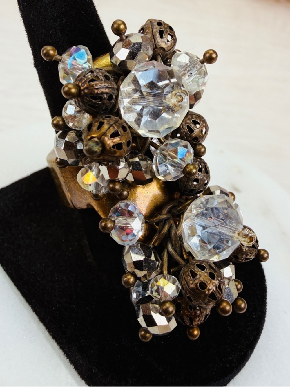Vintage size 5 3/4, Crystal and Bronze cha-cha Statement Ring